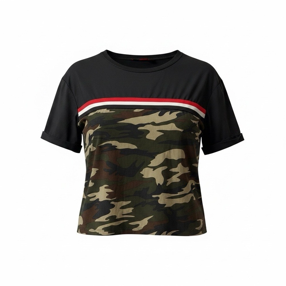 Hot Kiss Women Crop Top Tee Black Camouflage Short Cuffed Sleeve M SQTBLK2374